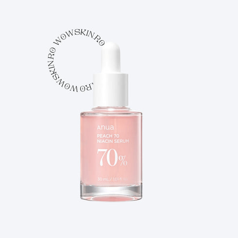 Ser iluminator cu 70% extract de piersică și niacinamidă pentru ten luminos.
Anua Peach 70 Niacin Serum uniformizează tonul pielii și estompează petele pigmentare.