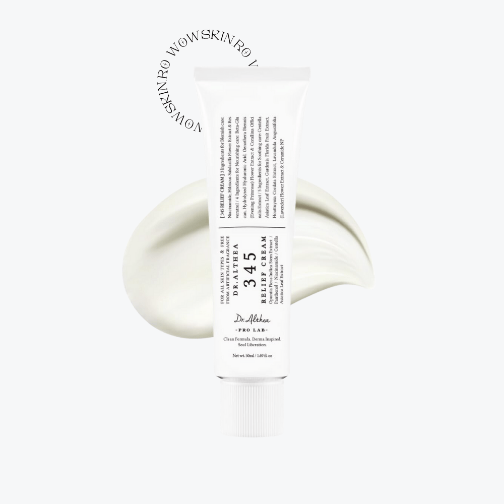 Dr Althea 345 Relief Cream - WowSkin Romania Dr. Althea 345 Relief Cream calmează pielea iritată și sensibilă cu un complex botanic inovator. Ideală pentru tenul cu roșeață sau acnee. Cremă coreeană cu efect antiinflamator și regenerant. wowskin.ro