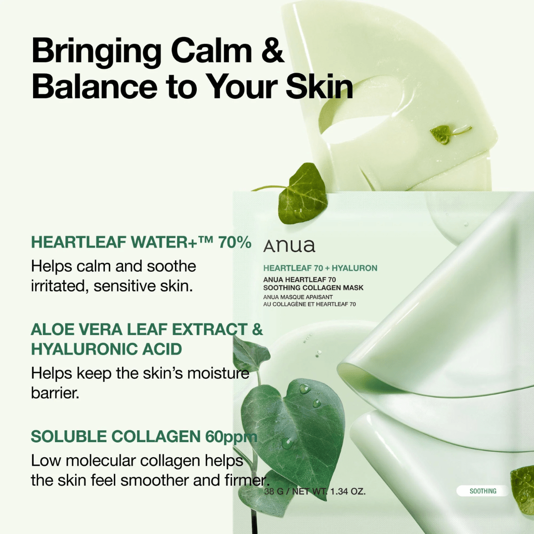 Ambalaj verde ANUA Heartleaf 70 Soothing Collagen Mask – set 4 bucati