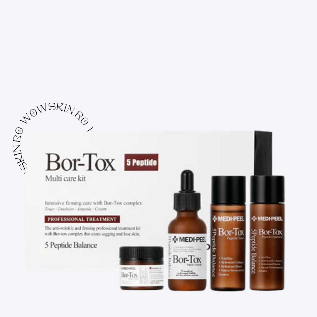 Revitalizați-vă rutina de îngrijire a pielii cu MEDPEEL Bor-Tox 5 Peptide Multi Care Kit, un tratament profesional conceput pentru a combate ridurile și pielea lăsată. Acest kit complet include un toner, o esență, o fiolă și o cremă, toate îmbogățite cu complexul inovator Bor-Tox pentru o îngrijire intensivă de fermitate.Perfectă pentru cei care doresc să obțină un ten mai neted și mai tânăr, formula 5 Peptide Balance susține vitalitatea și hidratarea pielii