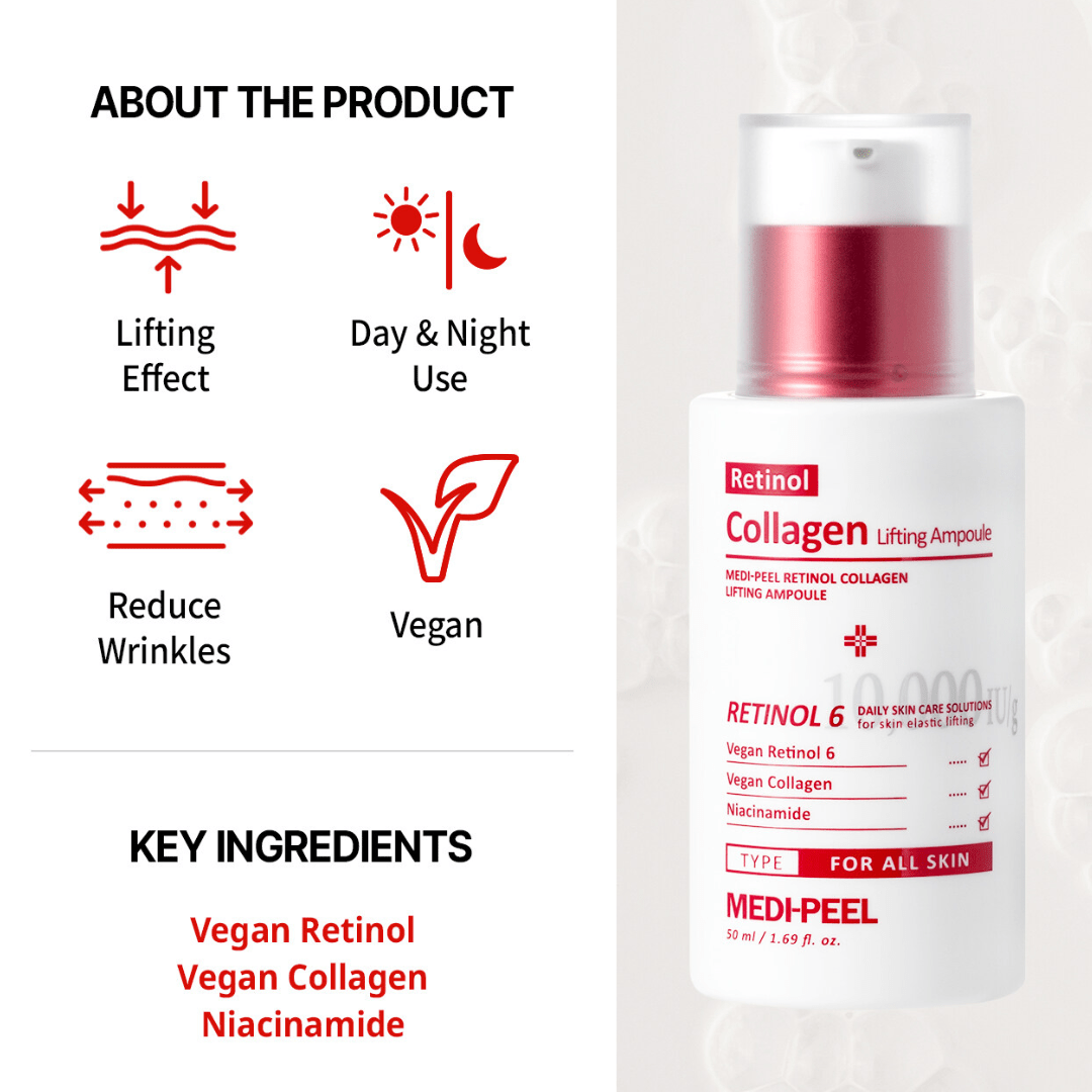 Medi-Peel Retinol Collagen Lifting Ampoule Îmbrățișați puterea transformatoare a Medi-Peel Retinol Collagen Lifting Ampoule, concepută pentru a reda fermitatea și elasticitatea pielii dumneavoastră. Această ampolă de 50ml combină retinolul vegan, pentru regenerare și reducerea liniilor fine, cu colagenul vegan, care sporește hidratarea și fermitatea. Niacinamida inclusă în formulă ajută la iluminarea și uniformizarea tonului pielii